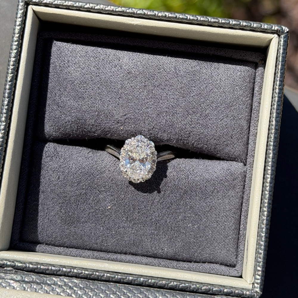 1.52 CT Oval Lab Diamond Engagement Ring 14K White Gold Halo E VS1